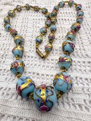 Vintage Murano Venetian Sky Blue Wedding Cake Fiorato Gold Foil Necklace 19”