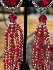 Vintage Super Long Dangle Drop Red Crystal Rivoli Pink Pearl Clip On Earrings