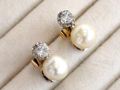 Vintage Cultured Pearl and 1.07Ct Diamond Platinum Earrings Circa 1950