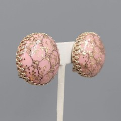 Vintage Pink Gold Glitter Round Dome Clip on Earrings Gold tone 1 1/8″