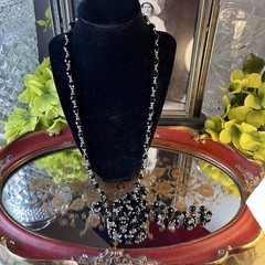 58” Black Faceted Glass Bead Sautoir Necklace – Silvertone Spacers – Spring Ring