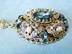 Vintage West Germany Filigree Smoky Gray Rhinestone Faux Pearl Necklace