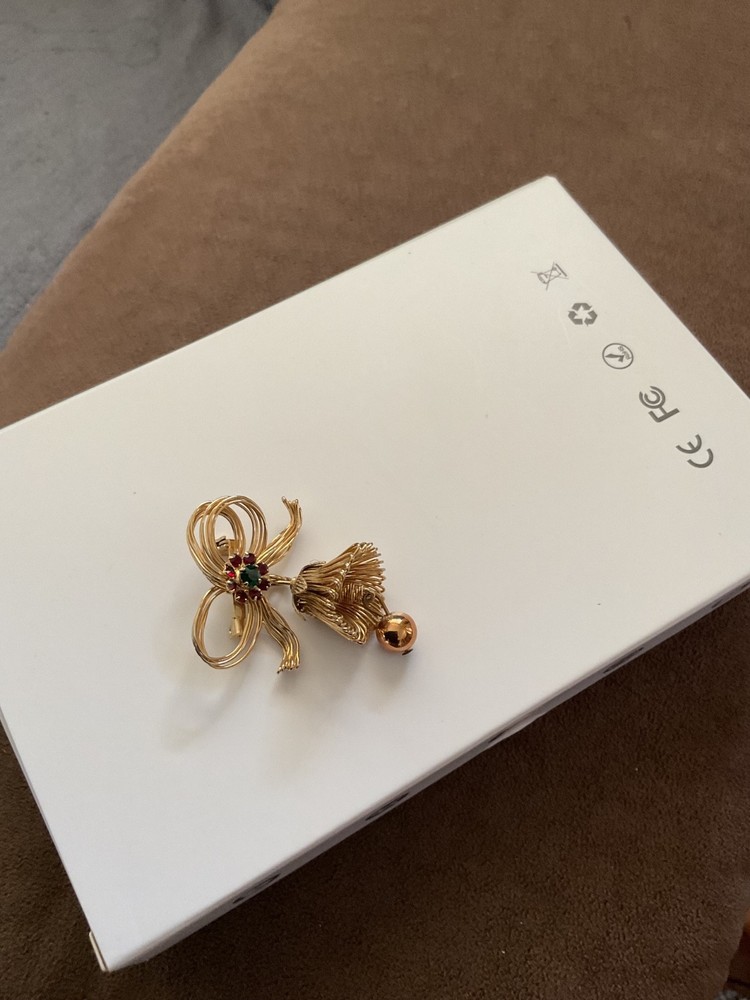 Vintage Goldtone Bow & Bell Rhinestone Brooch Pin