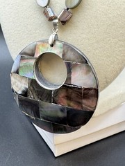 Vintage Mother Of Pearl & Abalone Coin Necklace With Large Shell Pendant