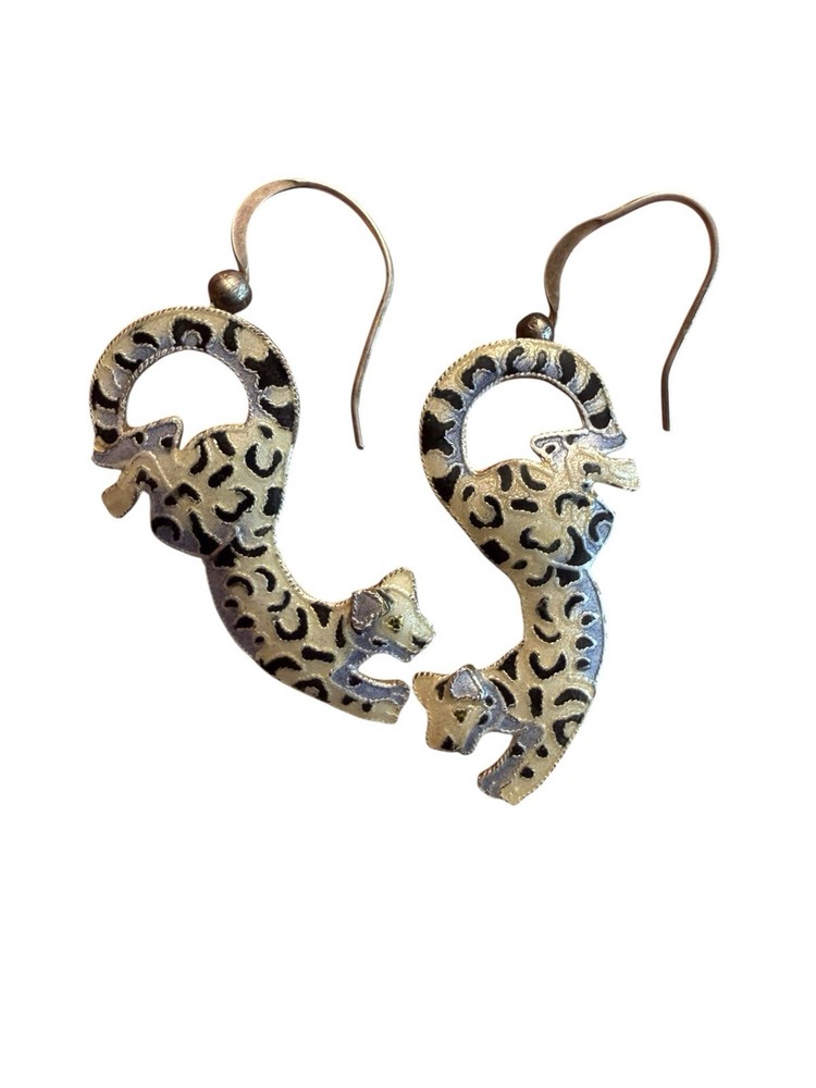 Vintage Sterling 925 Silver Enamel Cloisonné White Snow Leopard Earrings Dangle
