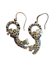 Vintage Sterling 925 Silver Enamel Cloisonné White Snow Leopard Earrings Dangle