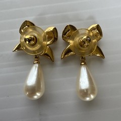 Vintage Marvella Bow Gold Plated Rhinestones Faux Pearl Dangle Pierced Earrings