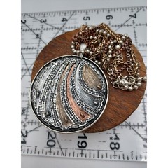 Vtg Silver Rose Gold Tone Chain Multi Strand Necklace Big Round Etched Pendant