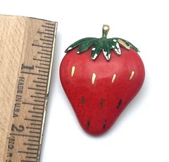 Strawberry Brooch Signed Lind Gal LG Painted Porcelain Signed Vintage Jewelry