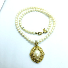 Vintage 1928 Necklace Faux Pearl Cabochon Gold Tone Pendant Necklace 18 in