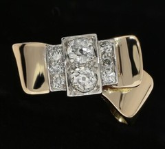 Antique Diamond Bow Ring 14K Two Tone Gold .72CT Mine Cut Size 6 1/4