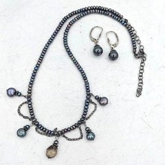 Vintage Freshwater Pearl Necklace Earrings SET Smoky Quartz Drop Gunmetal Chain