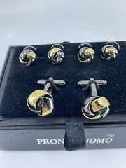Pronto Uomo Knot Cufflinks and Shirt Stud set gold and gun metal gray IOB