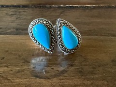 Marcasite Sterlling Silver Chunky Ring, Double Teardrop Turquoise Stone Ring