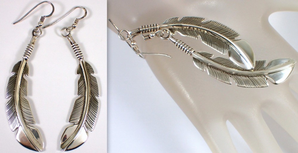 ESTATE Vtg Navajo Feather 12.2g Sterling Silver Feather 3 1/8″ Dangle Earrings