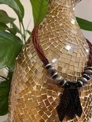 Vintage Handmade Statement Tribal Necklace with Wood, Metal & Red Beads 18”