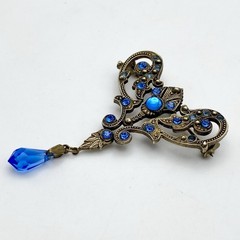 Vintage Victorian Revival Blue Glass Dangle Brooch Moonglow Cabochon Brass Pin