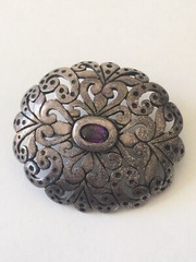 Vintage Jezlaine Sterling Silver Amethyst Filigree Scroll Ornate Brooch Pin