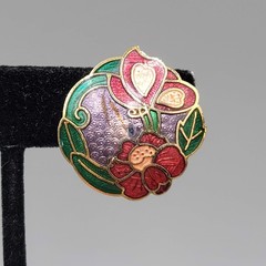 Vintage Butterfly Cloisonne Enamel Clip on Earrings Flowers Gold tone Drop 1 in