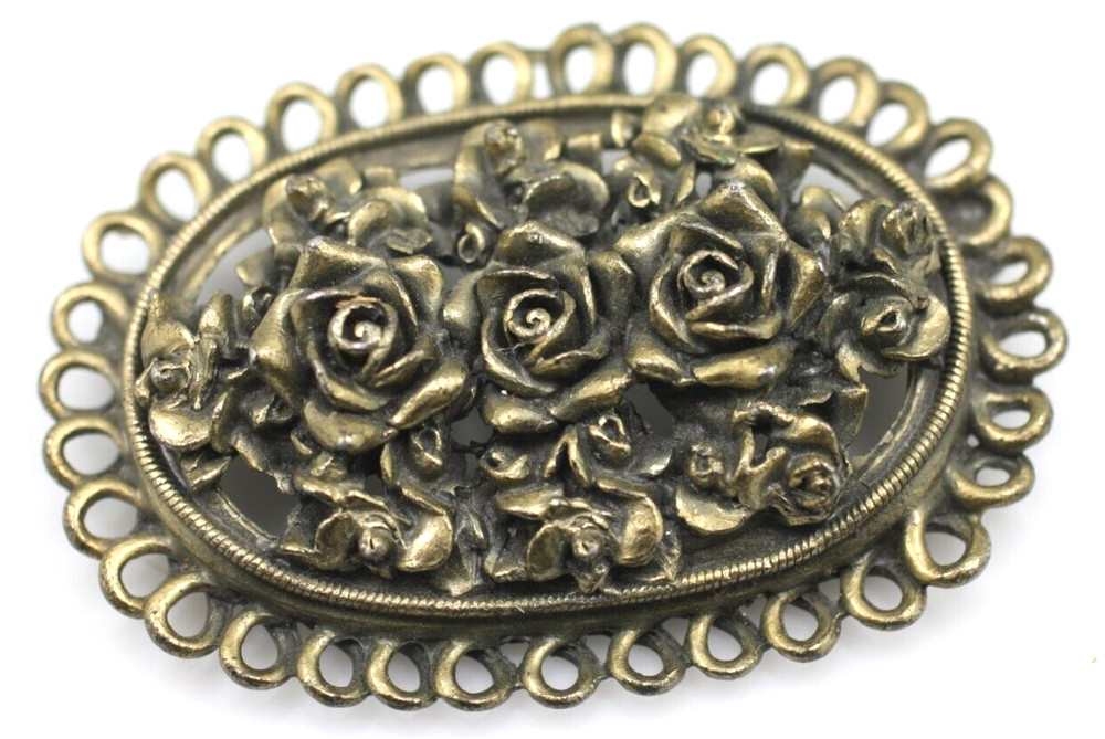 Antique VTG 30’s gold tone large rose flower braid swirl edges oval brooch pin