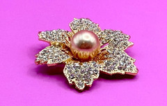 Gold Tone Rhinestones & Faux Pearl Flower Brooch Contemporary. 11