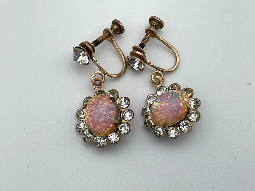 Vintage10K Plated Gold Faux Fire Opal & Rhinestone Dangle Screw Back Earrings