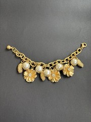 John Wind Maximal Art Charm Bracelet Matt Gold Tone Pearl Crystal Peanut Flower