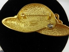 Vintage Tona Hat Brooch Satin Gold Tone Bow Clear Rhinestone Signed Pin 2.5 Inch