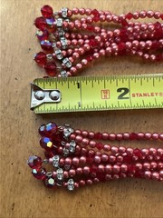 Vintage Super Long Dangle Drop Red Crystal Rivoli Pink Pearl Clip On Earrings