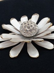 Mid-century GoldTone White Enamel Clear Pave crystals 3D Floral Design Brooch