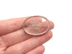 Vintage Reverse Carved Intaglio Glass Rose Flower Bouquet Basket Brooch Pin