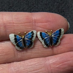 Vintage Sterling Silver Enamel Butterfly Earrings Post Gold Blue Black 925