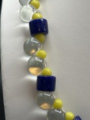 Vintage Antique Necklace Hand Knotted Clear Blue & Yellow Glass Beads #595