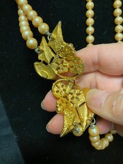 Vintage CELEBRITY NY Double Strand Faux Pearls & Rhinestone Necklace Leaf Clasp