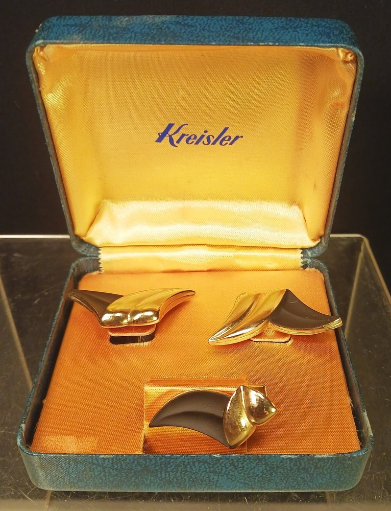 Vintage Yellow Gold Tone & Black Kreisler Cufflinks & Tie Clip/Bar Set w/Box
