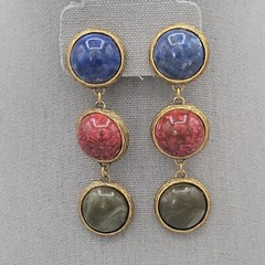 Long Dangle Drop Clip On Earrings Dyed Howlite Cabochons Bronze Color Vintage