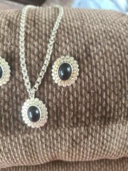 Silver tone Cabochon Onyx Necklace And Pierced Earrings