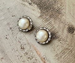 Vintage Pearl Clear Crystal Round Stud Button Cabochon Clip On Earrings 3/4”