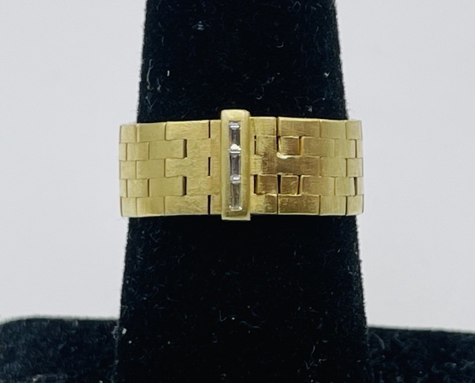 H Stern Vintage 18k Yellow Gold Baguette Diamond Mesh Brick Chain Ring Size 8