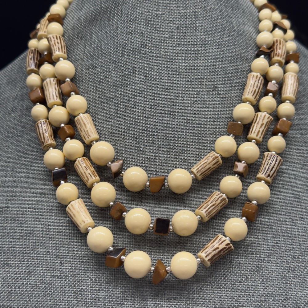 Vintage Necklace Multi Strand Boho Bone Stone 20 Inch Bib Collar