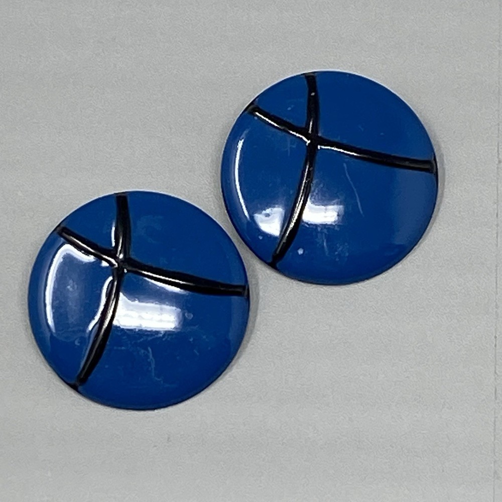 Retro Stud Button Earrings Royal Blue Black Enamel 1980s Pierced Round Vintage