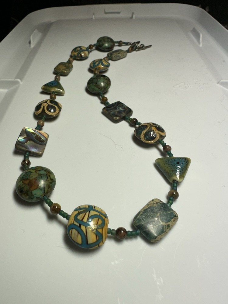 Turquoise Necklace W/ Glass Stone Shell Ceramic Faceted Beads 16”