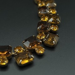 Vintage 1950s Amber Brown Rhinestone Bib Necklace Gold Tone 16 Inch