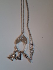 Vtg Monet Charm Necklace Silvertone+3 Charms+Beaded Spacers Signed 30″ 1980’s