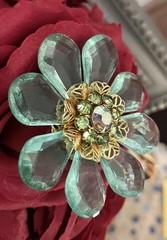 Vintage Mid Century Jumbo Lucite AB Blue Green Aqua Crystal Flower 3” Brooch