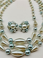 Vintage 3 Strand Pastel Blue Pearl Choker Necklace & Cluster Bead Earrings Set