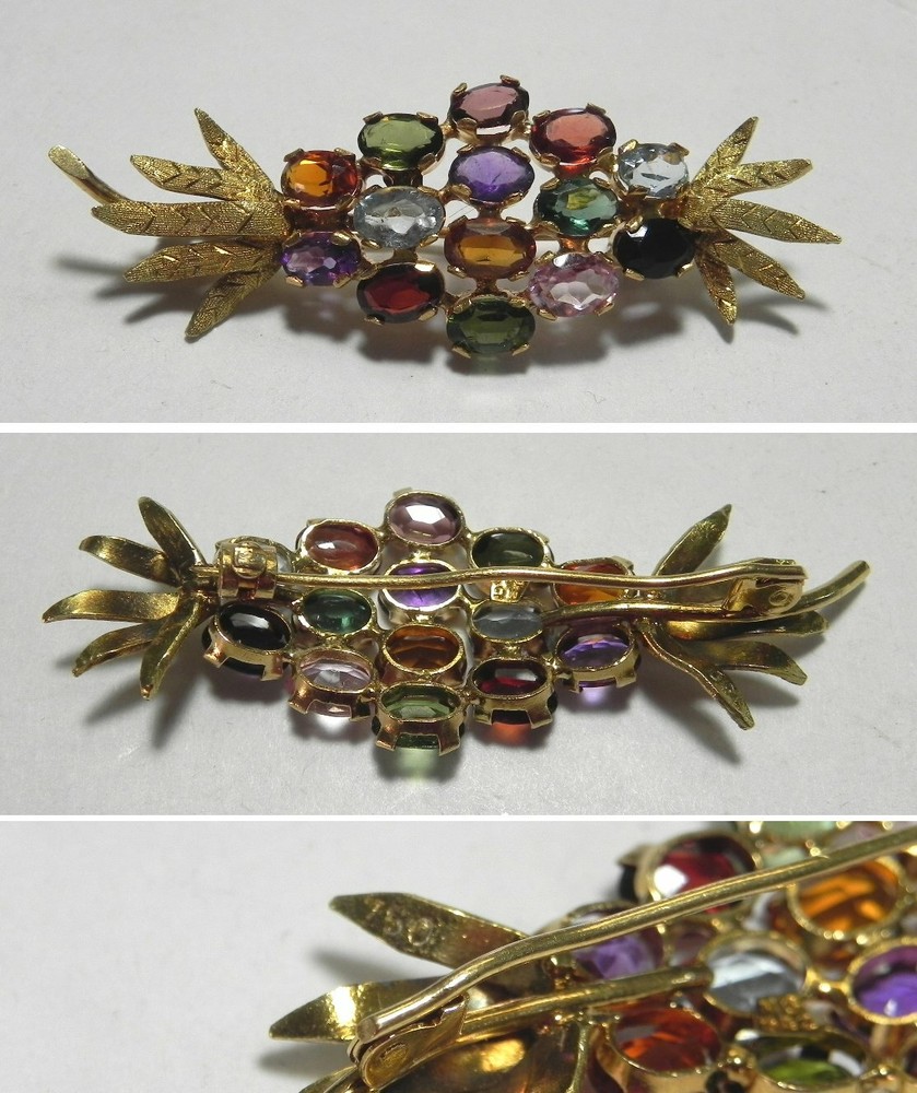 C1155 Vintage 18K Solid Yellow Gold Multi-Gemstone Pin/Brooch