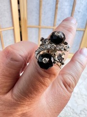Vintage Silver Tone Adjustable Ring Clear Crystals Black Faceted Round Beads 7″