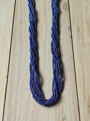 Natural Nepal Glass Seed Bead Multi Strand Necklace. Iridescent Peacock Blue 22″