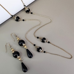 Necklace Pierced Earrings Lot of 2 Black Glass Acrylic Station Gold Tone 48″